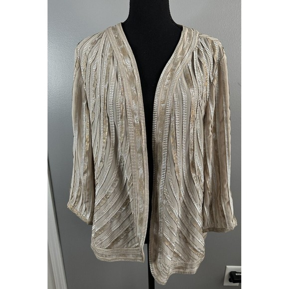 Travelers Collection Chicos sz 2 Beige silver Open Front Semi Sheer Jacket XL - Picture 1 of 8